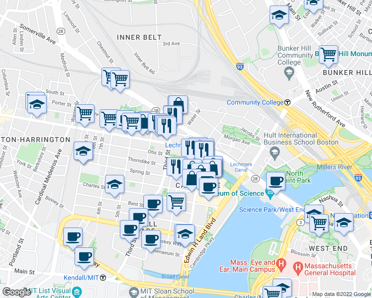 map of restaurants, bars, coffee shops, grocery stores, and more near 208 Cambridge Street in Cambridge