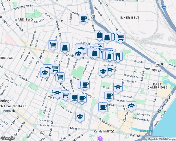 map of restaurants, bars, coffee shops, grocery stores, and more near 1 Marney Street in Cambridge