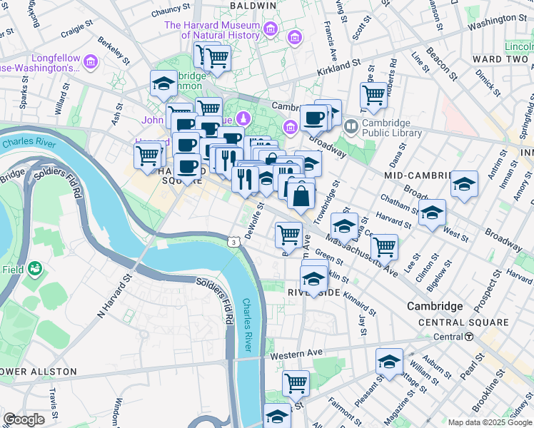 map of restaurants, bars, coffee shops, grocery stores, and more near 58 Plympton Street in Cambridge