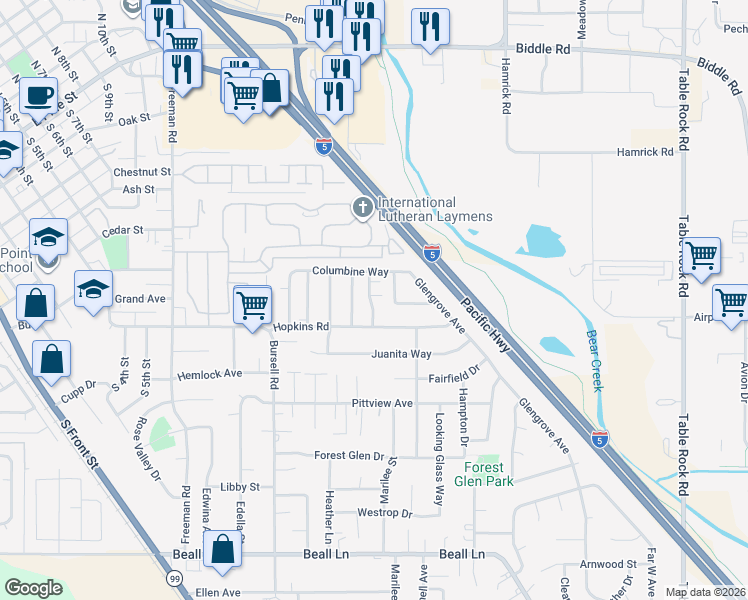 map of restaurants, bars, coffee shops, grocery stores, and more near 561 Brittni Lane in Central Point
