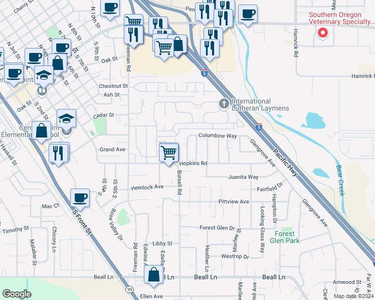 map of restaurants, bars, coffee shops, grocery stores, and more near 573 Briarwood Drive in Central Point