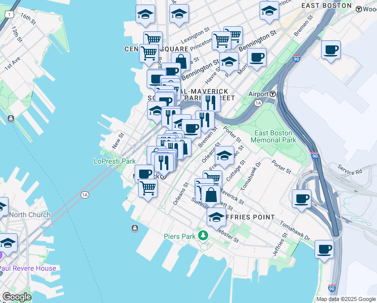 map of restaurants, bars, coffee shops, grocery stores, and more near 82 Bremen Street in Boston