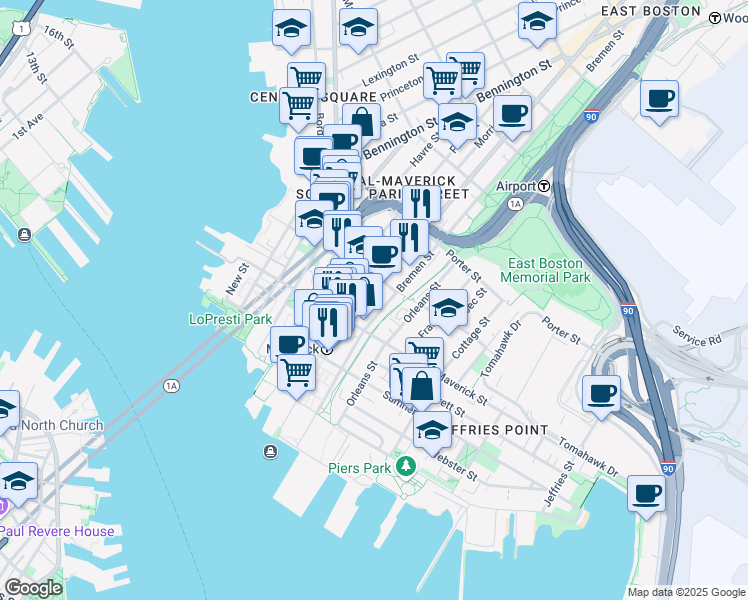map of restaurants, bars, coffee shops, grocery stores, and more near 82 Bremen Street in Boston