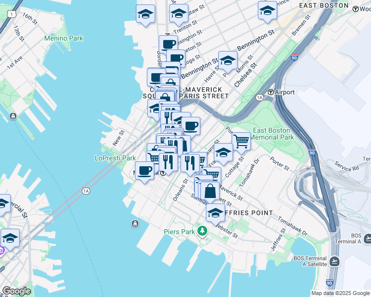 map of restaurants, bars, coffee shops, grocery stores, and more near 82 Bremen Street in Boston