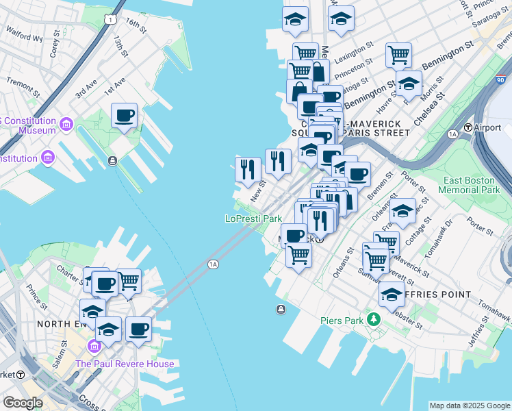 map of restaurants, bars, coffee shops, grocery stores, and more near 62 Sumner Street in Boston
