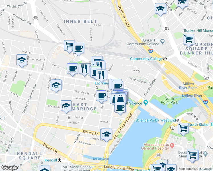 map of restaurants, bars, coffee shops, grocery stores, and more near 208 Cambridge Street in Cambridge