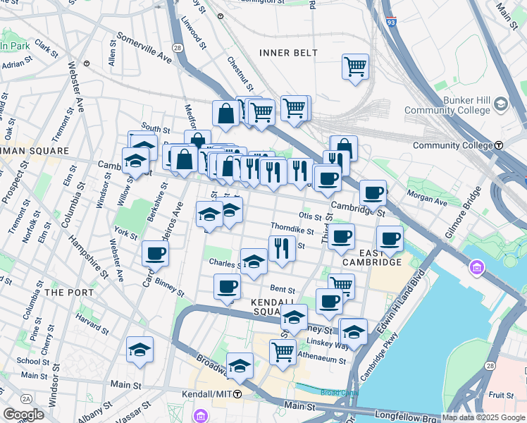 map of restaurants, bars, coffee shops, grocery stores, and more near 79 5th Street in Cambridge