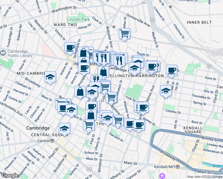 map of restaurants, bars, coffee shops, grocery stores, and more near 310 Columbia Street in Cambridge