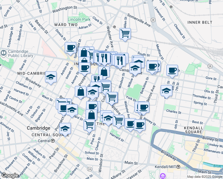 map of restaurants, bars, coffee shops, grocery stores, and more near 310 Columbia Street in Cambridge