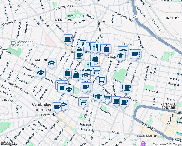 map of restaurants, bars, coffee shops, grocery stores, and more near 132 Hampshire Street in Cambridge