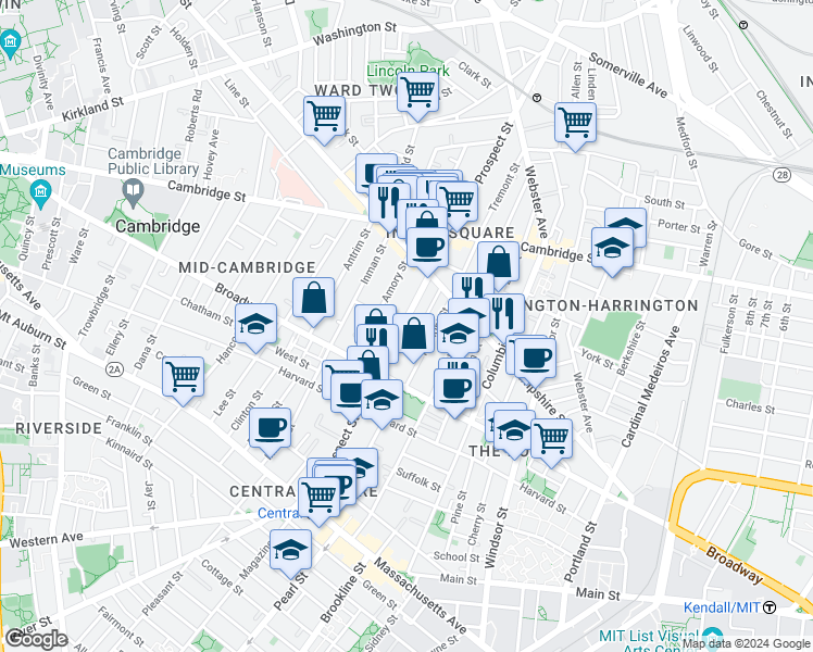 map of restaurants, bars, coffee shops, grocery stores, and more near 210 Prospect Street in Cambridge