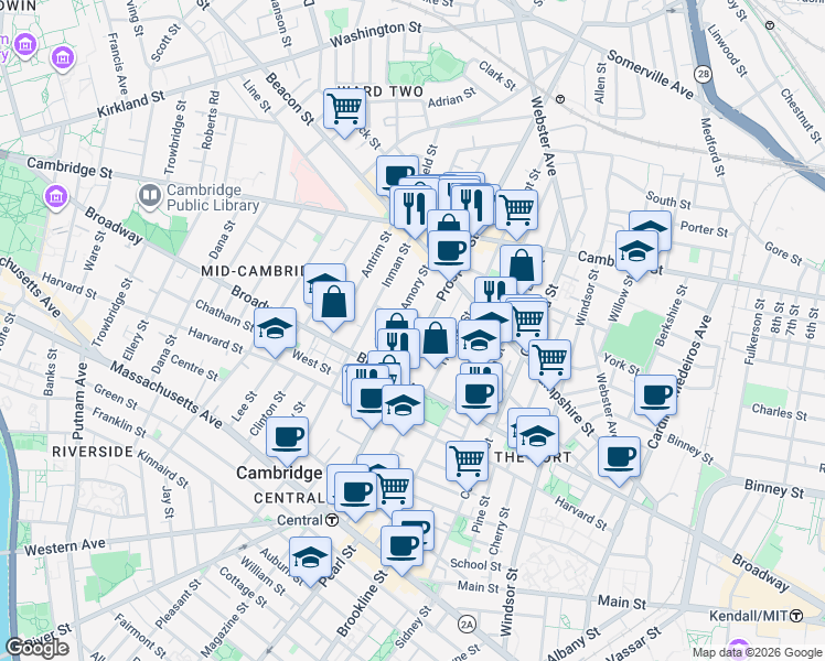 map of restaurants, bars, coffee shops, grocery stores, and more near 210 Prospect Street in Cambridge