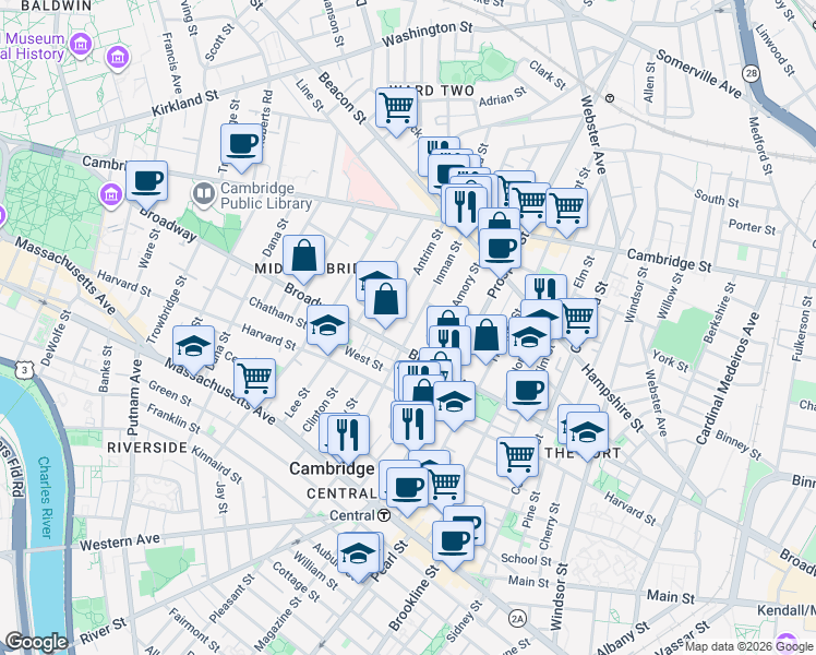 map of restaurants, bars, coffee shops, grocery stores, and more near 345 Broadway in Cambridge