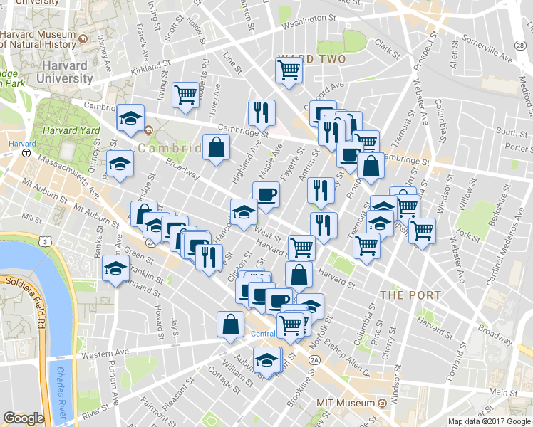 map of restaurants, bars, coffee shops, grocery stores, and more near 364 Broadway in Cambridge