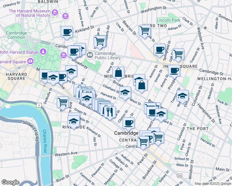 map of restaurants, bars, coffee shops, grocery stores, and more near 321 Harvard Street in Cambridge