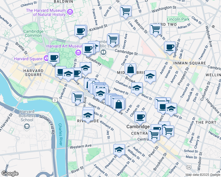 map of restaurants, bars, coffee shops, grocery stores, and more near 338 Harvard Street in Cambridge