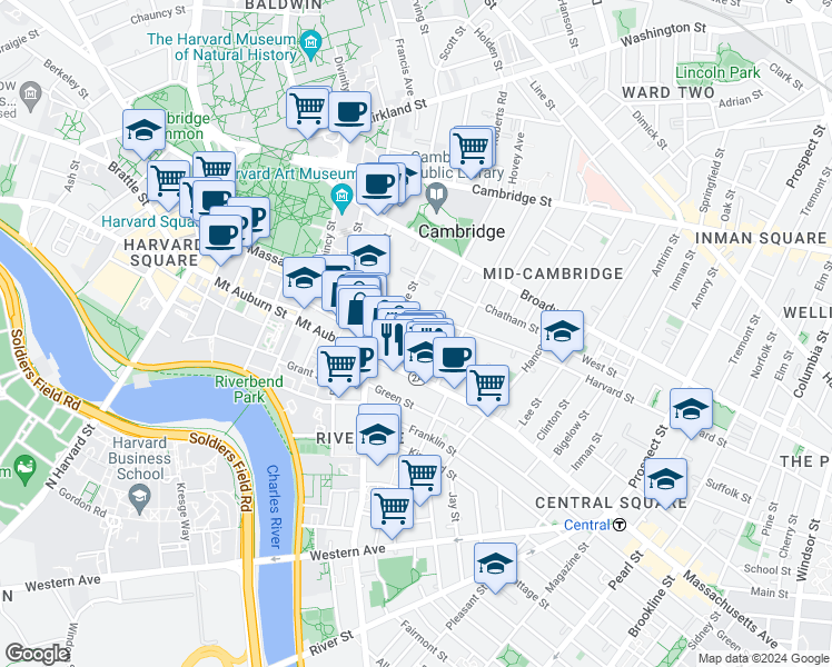 map of restaurants, bars, coffee shops, grocery stores, and more near 12 Trowbridge Street in Cambridge