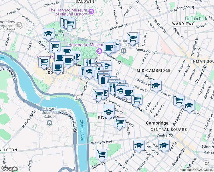 map of restaurants, bars, coffee shops, grocery stores, and more near 1090-1100 Massachusetts Avenue in Cambridge