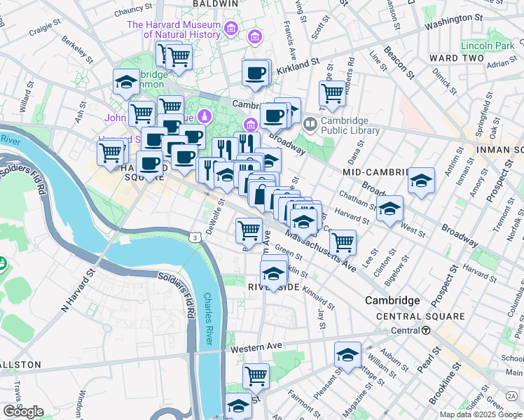 map of restaurants, bars, coffee shops, grocery stores, and more near 1090-1100 Massachusetts Avenue in Cambridge