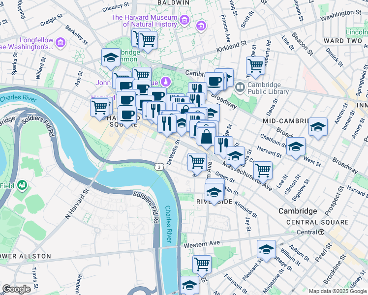 map of restaurants, bars, coffee shops, grocery stores, and more near 18 Mount Auburn Street in Cambridge