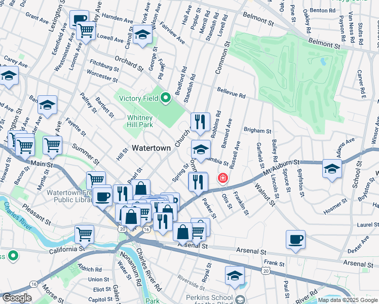 map of restaurants, bars, coffee shops, grocery stores, and more near 3 Middlesex Road in Watertown
