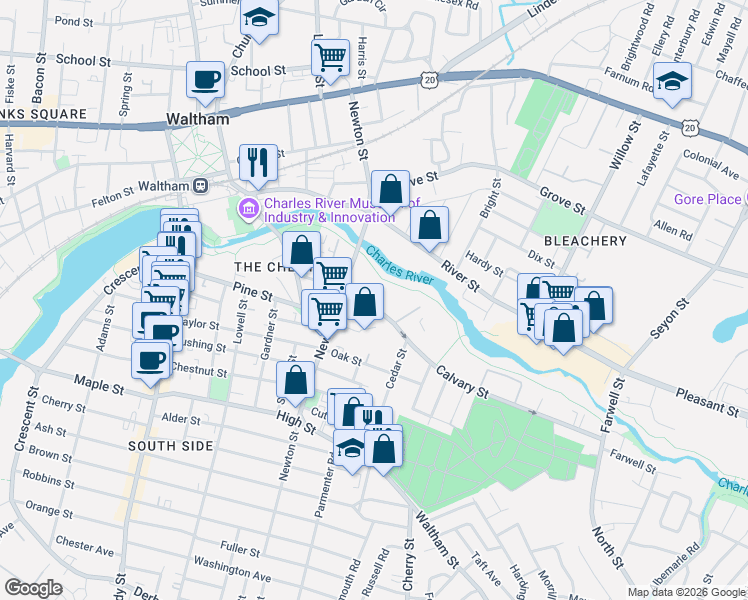 map of restaurants, bars, coffee shops, grocery stores, and more near 44 Calvary Street in Waltham