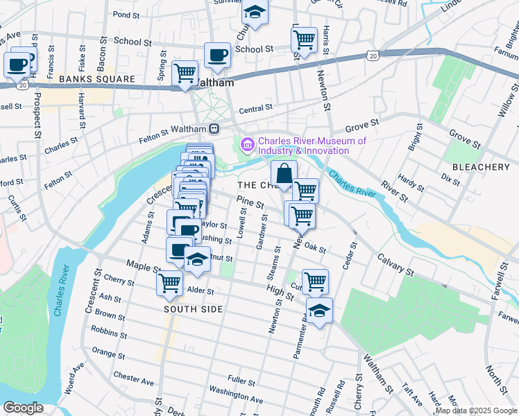 map of restaurants, bars, coffee shops, grocery stores, and more near 12 Lowell Street in Waltham