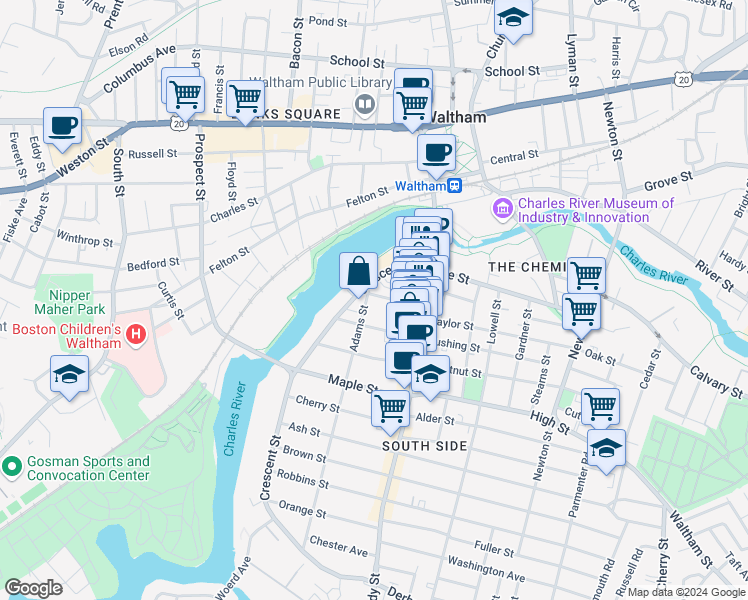 map of restaurants, bars, coffee shops, grocery stores, and more near 1 Spruce Street in Waltham