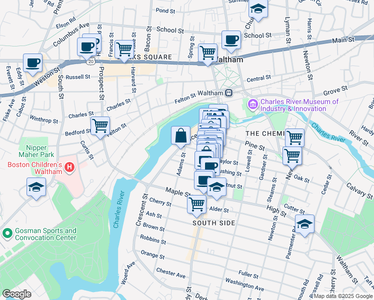 map of restaurants, bars, coffee shops, grocery stores, and more near 1 Spruce Street in Waltham