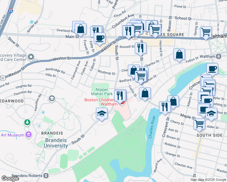 map of restaurants, bars, coffee shops, grocery stores, and more near 158 South Street in Waltham