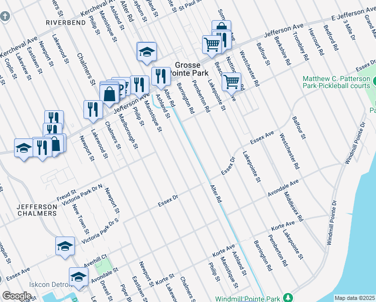map of restaurants, bars, coffee shops, grocery stores, and more near 643 Ashland Street in Detroit