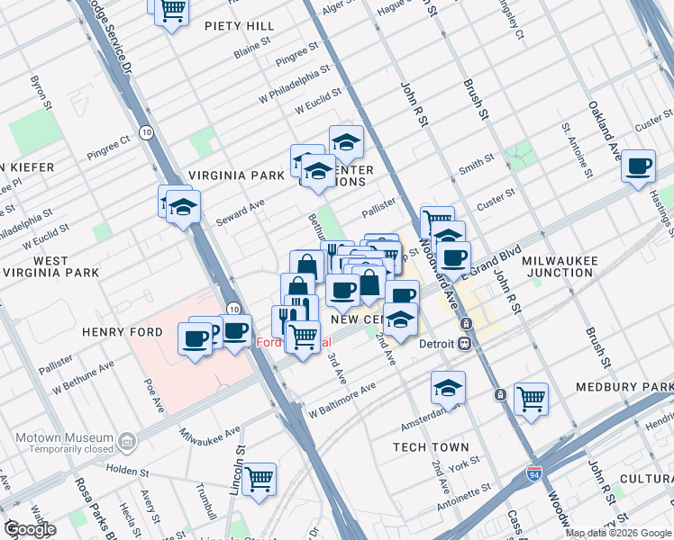 map of restaurants, bars, coffee shops, grocery stores, and more near 675 West Bethune Street in Detroit