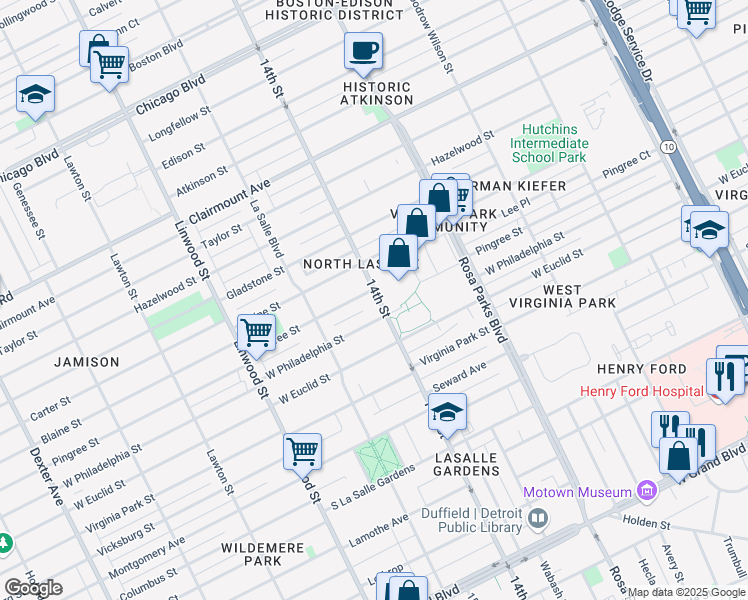 map of restaurants, bars, coffee shops, grocery stores, and more near 2210 West Philadelphia Street in Detroit