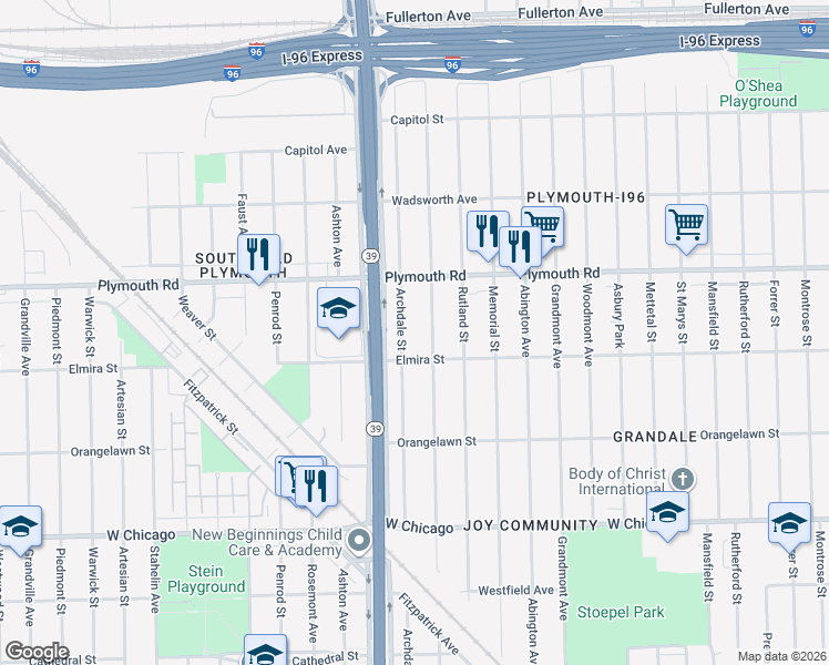 map of restaurants, bars, coffee shops, grocery stores, and more near 11334 Archdale Street in Detroit