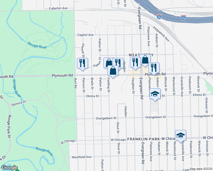 map of restaurants, bars, coffee shops, grocery stores, and more near 11366 Fielding Street in Detroit