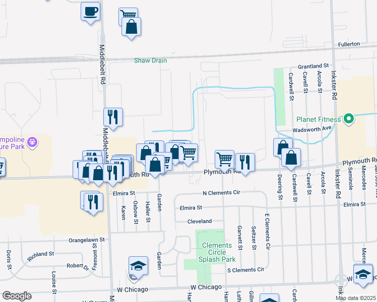 map of restaurants, bars, coffee shops, grocery stores, and more near 11735 Hartel Street in Livonia