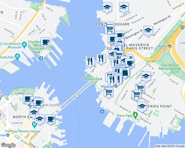 map of restaurants, bars, coffee shops, grocery stores, and more near 36 Sumner Street in Boston