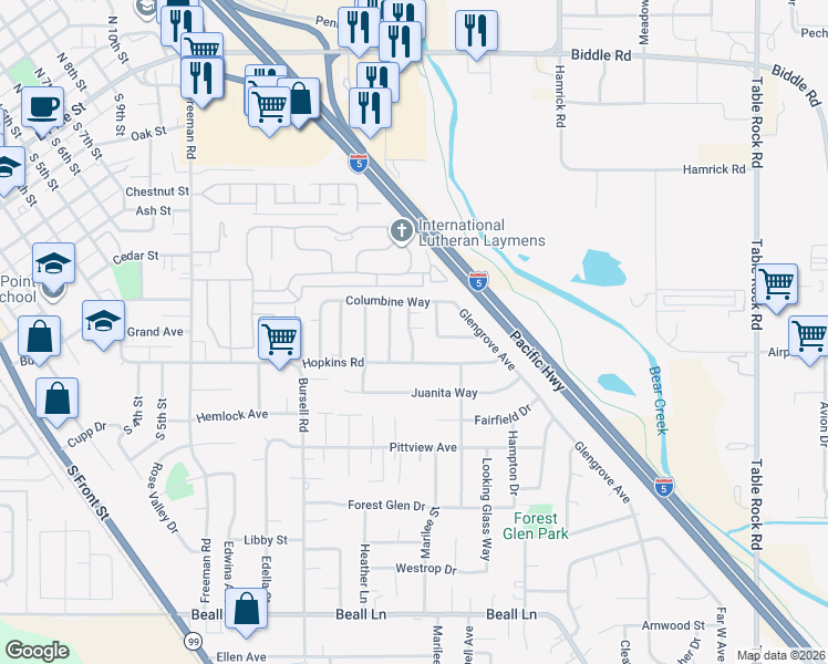 map of restaurants, bars, coffee shops, grocery stores, and more near 561 Brittni Lane in Central Point
