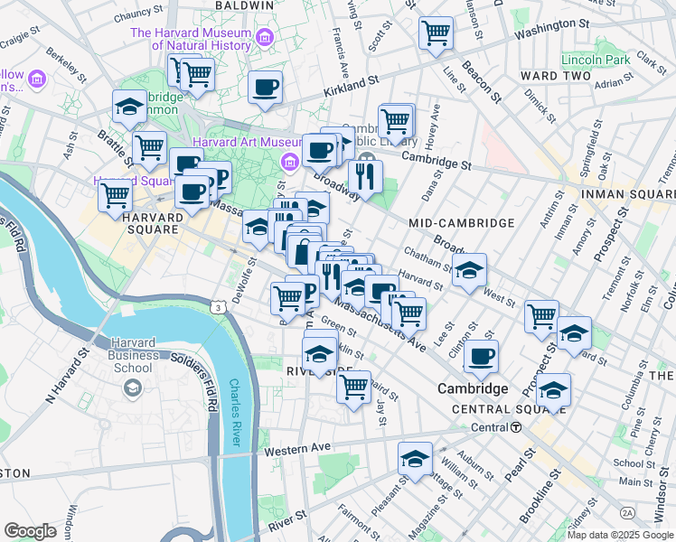map of restaurants, bars, coffee shops, grocery stores, and more near 16 Trowbridge St in Mid-Cambridge