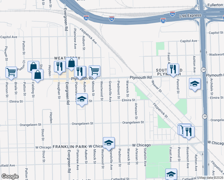map of restaurants, bars, coffee shops, grocery stores, and more near 11374 Grandville Avenue in Detroit