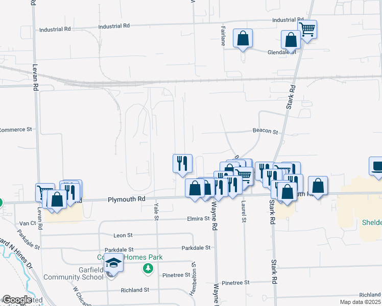 map of restaurants, bars, coffee shops, grocery stores, and more near 11800 Belden Court in Livonia