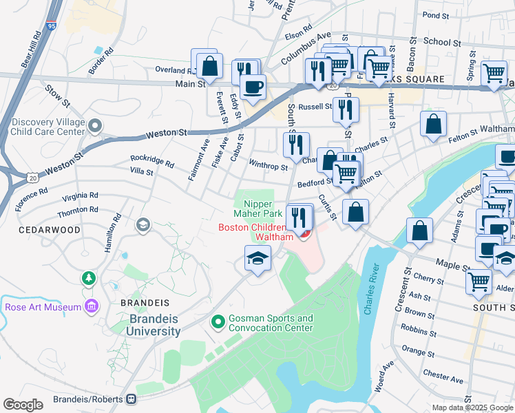 map of restaurants, bars, coffee shops, grocery stores, and more near 65 Dartmouth Street in Waltham