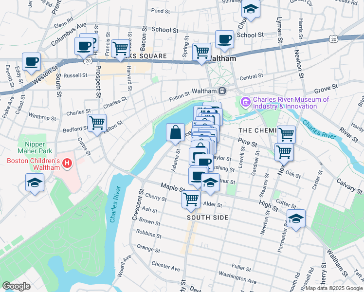 map of restaurants, bars, coffee shops, grocery stores, and more near 7 Spruce Street in Waltham