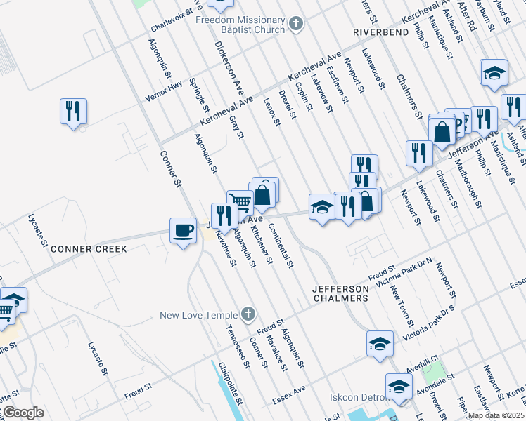 map of restaurants, bars, coffee shops, grocery stores, and more near 12815 East Jefferson in Detroit