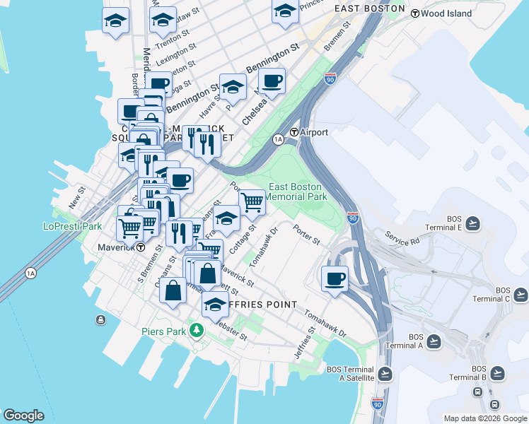 map of restaurants, bars, coffee shops, grocery stores, and more near 186 Cottage Street in Boston