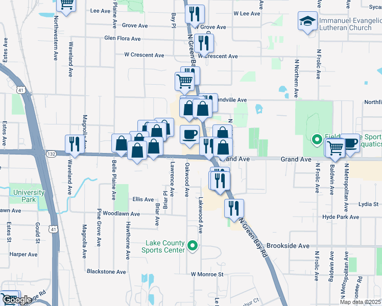 map of restaurants, bars, coffee shops, grocery stores, and more near 3300 Grand Avenue in Waukegan