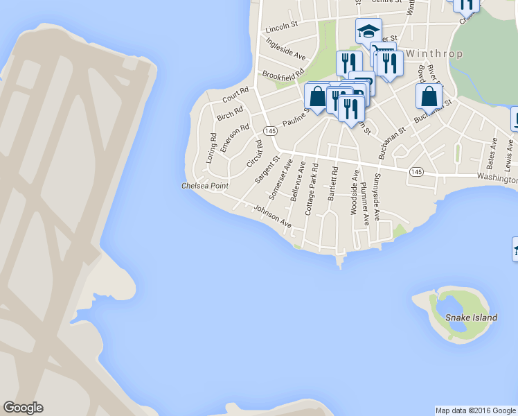 map of restaurants, bars, coffee shops, grocery stores, and more near 80 Johnson Ave in Winthrop