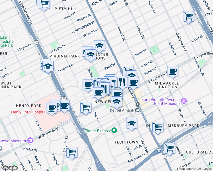 map of restaurants, bars, coffee shops, grocery stores, and more near 7409 2nd Avenue in Detroit