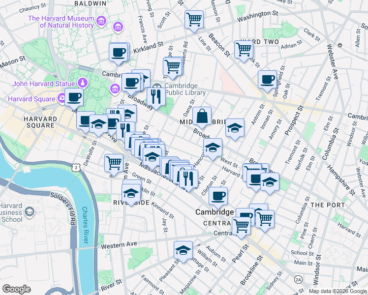map of restaurants, bars, coffee shops, grocery stores, and more near 338 Harvard Street in Cambridge