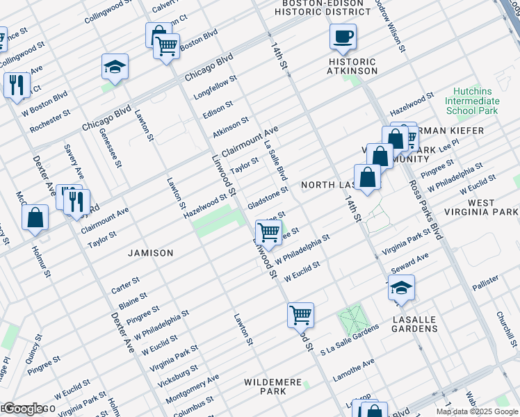 map of restaurants, bars, coffee shops, grocery stores, and more near 2531 Gladstone Street in Detroit